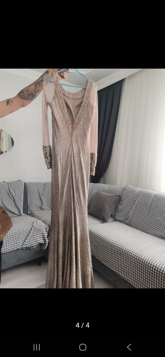 Bej  Desenli Uzun Abiye Elbise - Görsel 4