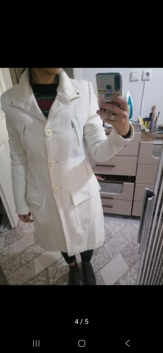 Düğmeli Beyaz Midi Kadın Kaban - Görsel 2