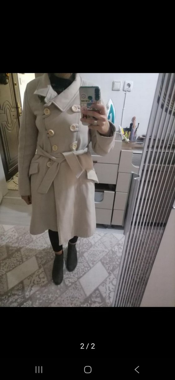 Bej Düğmeli Uzun Kadın Kaban - Görsel 2