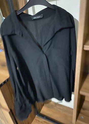 Düğmeli Siyah Keten Kadın Gömlek - Görsel 2