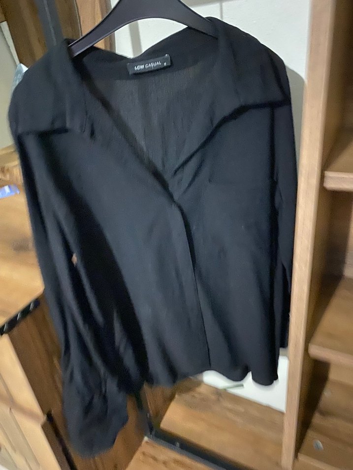 Düğmeli Siyah Keten Kadın Gömlek - Görsel 2