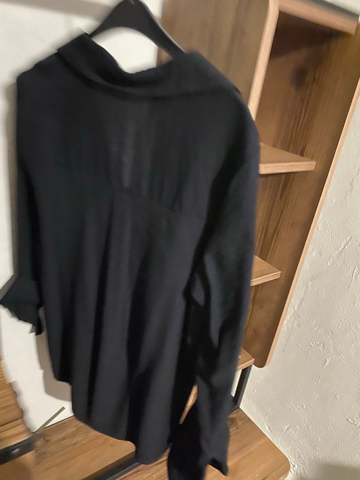 Düğmeli Siyah Keten Kadın Gömlek - Görsel 4