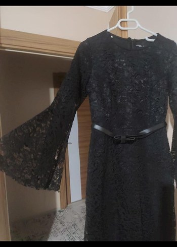 Siyah Dantel Uzun Kollu Uzun Elbise - Görsel 2