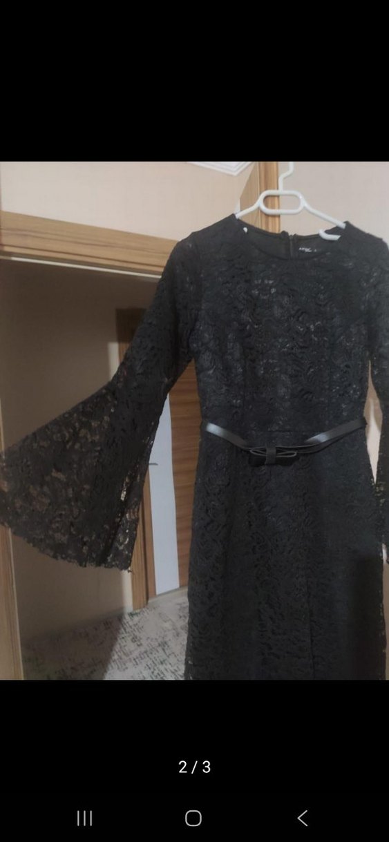 Siyah Dantel Uzun Kollu Uzun Elbise - Görsel 2