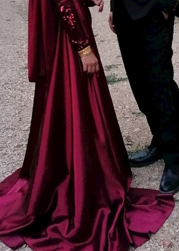 Bordo Uzun Kollu Drapeli Parlak Abiye Elbise - Görsel 4