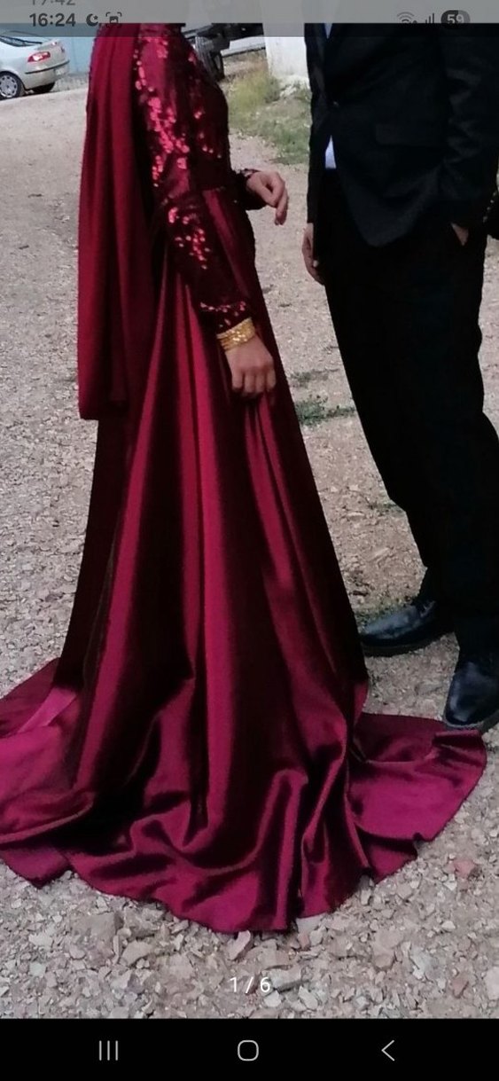 Bordo Uzun Kollu Drapeli Parlak Abiye Elbise - Görsel 4