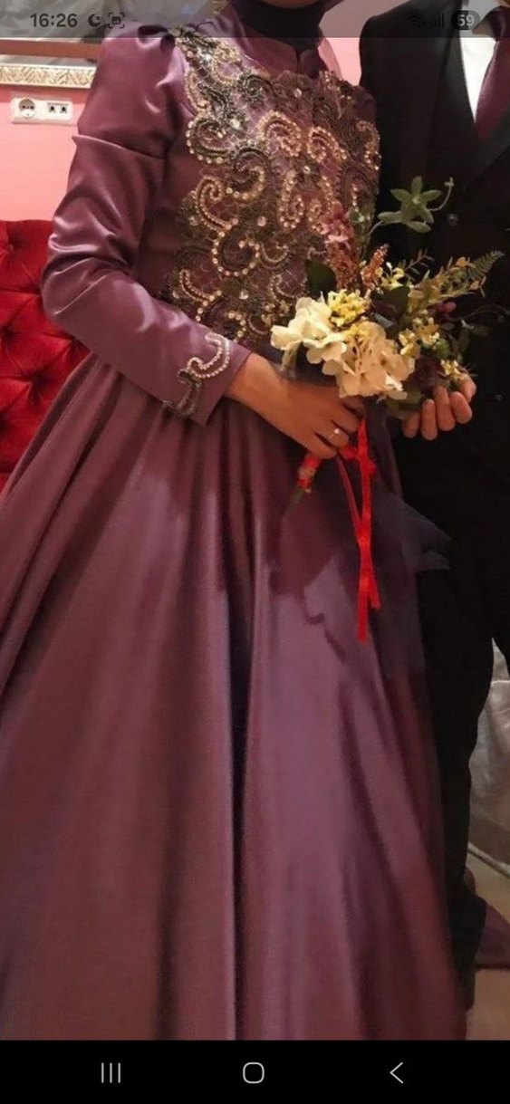 Mor Uzun Kollu Drapeli Kadın Abiye - Görsel 2