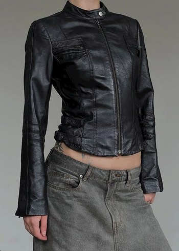 Kadın Siyah Deri Biker Ceket - Görsel 2