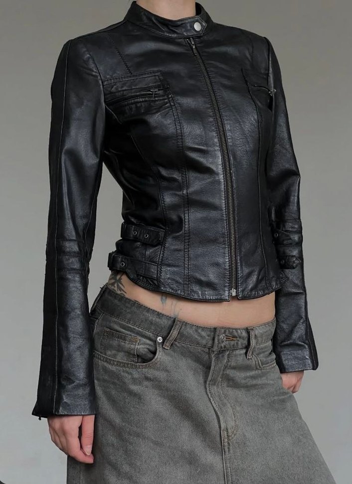 Kadın Siyah Deri Biker Ceket - Görsel 2