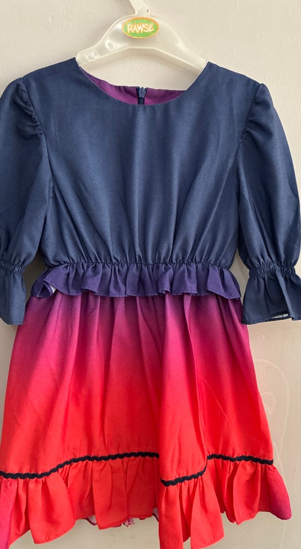 Renk Geçişli Kız Çocuk Elbisesi, Fırfırlı, Uzun Kollu - Görsel 2