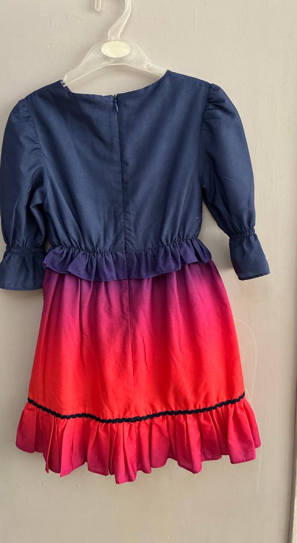 Renk Geçişli Kız Çocuk Elbisesi, Fırfırlı, Uzun Kollu - Görsel 3