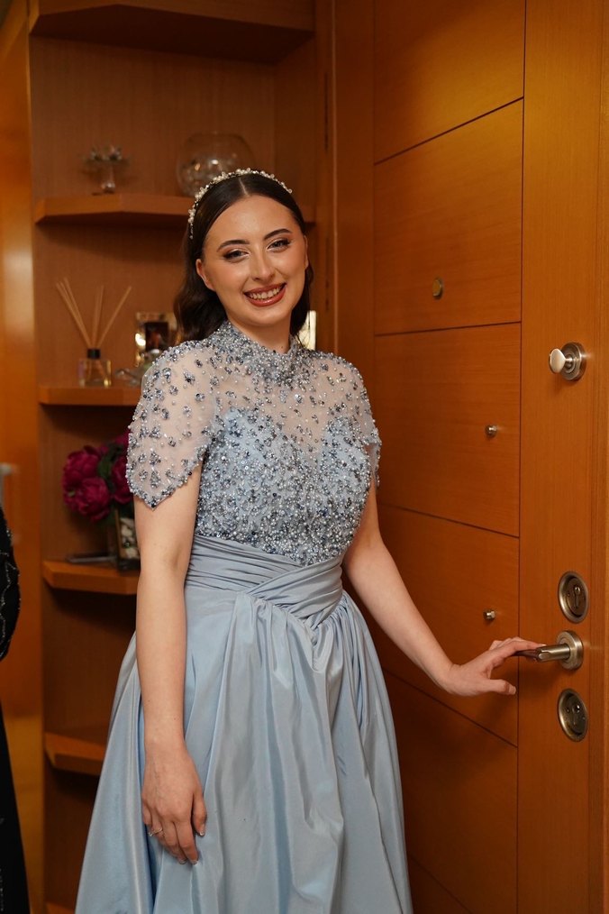 Mavi taşlı Desenli Uzun Bohem Elbise - Görsel 3