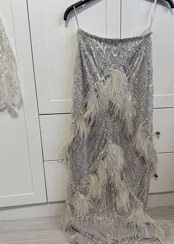 Beyaz Drapeli Straplez Uzun Abiye Elbise - Görsel 6