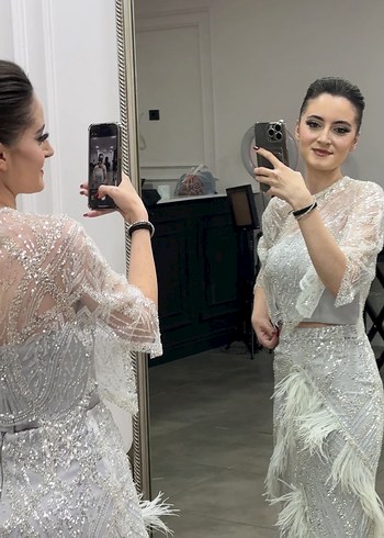 Beyaz Drapeli Straplez Uzun Abiye Elbise - Görsel 2