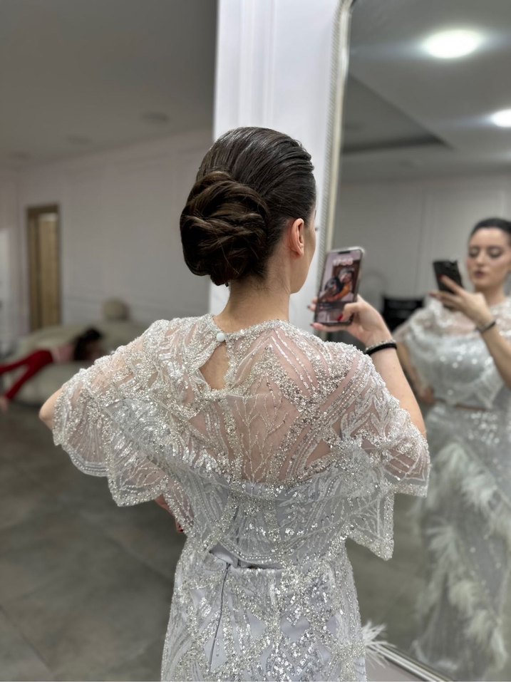 Beyaz Drapeli Straplez Uzun Abiye Elbise - Görsel 3