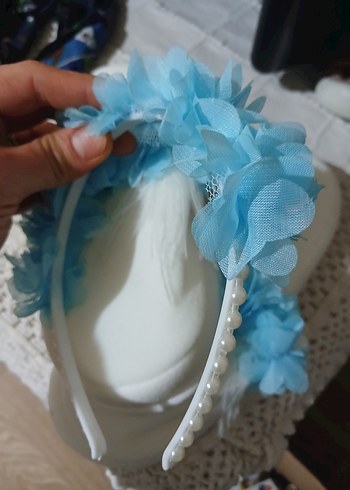 Mavi Çiçekli Bohem lohusa terlik ve tac - Görsel 3