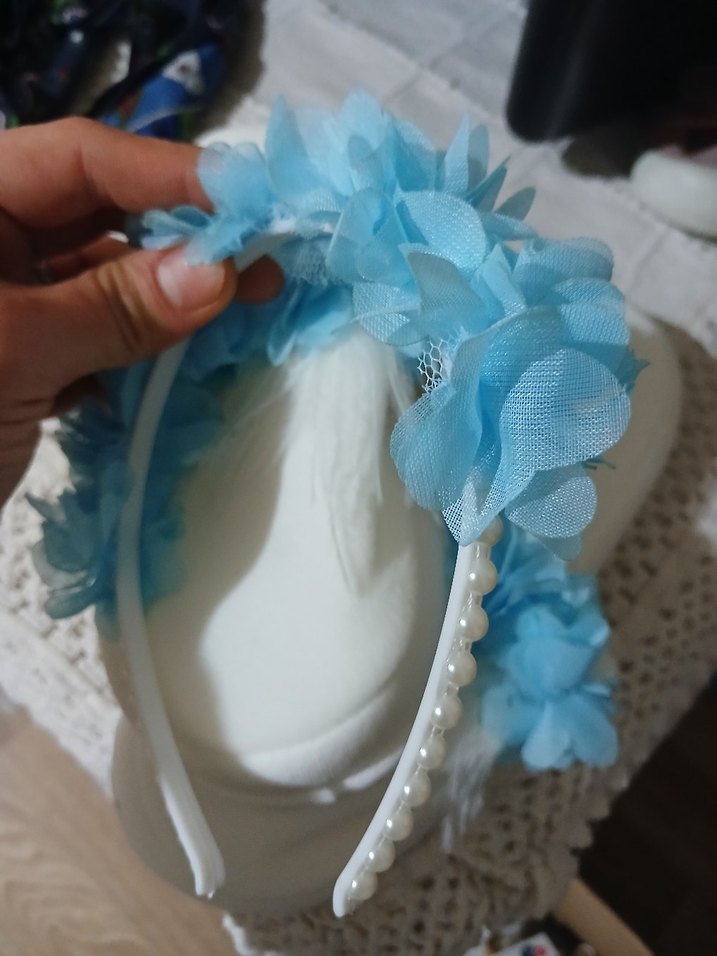 Mavi Çiçekli Bohem lohusa terlik ve tac - Görsel 3