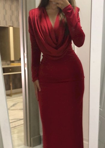 Kırmızı Drapeli V Yaka Uzun Kollu Midi Elbise - Görsel 3