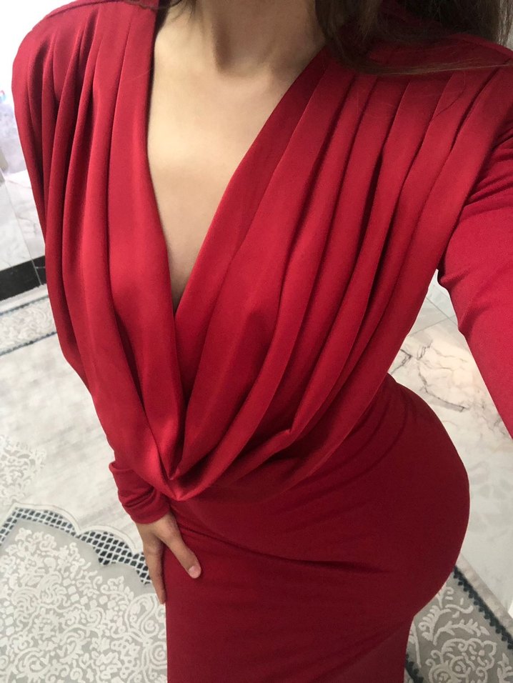 Kırmızı Drapeli V Yaka Uzun Kollu Midi Elbise - Görsel 4