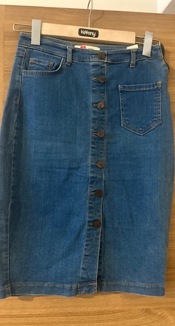 Düğmeli Mavi Denim Midi Etek - Görsel 2