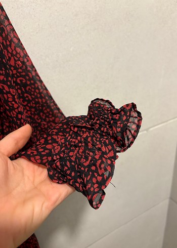 Uzun Kollu Kırmızı Fırfırlı Kadın Elbise - Görsel 6