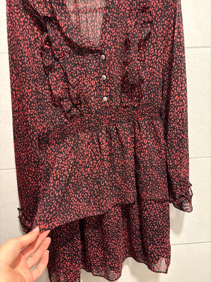 Uzun Kollu Kırmızı Fırfırlı Kadın Elbise - Görsel 3