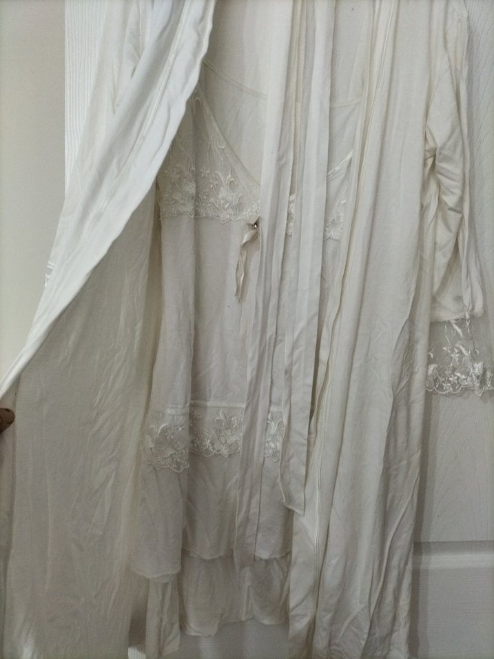 Uzun Beyaz Bohem Kadın Sabahlık takım - Görsel 4