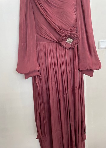 Bordo Uzun Drapeli Kadın Abiye Elbise şalıyla birlikte - Görsel 2