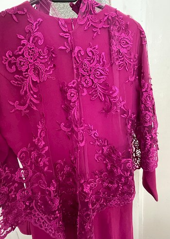 Uzun Kollu Dantelli Mor Abiye Elbise - Görsel 2