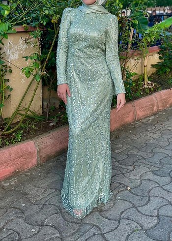 Yeşil Uzun Abiye Elbise, Drapeli, Uzun Kollu - Görsel 3