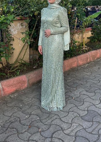 Yeşil Uzun Abiye Elbise, Drapeli, Uzun Kollu - Görsel 2