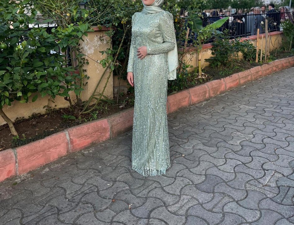 Yeşil Uzun Abiye Elbise, Drapeli, Uzun Kollu - Görsel 2