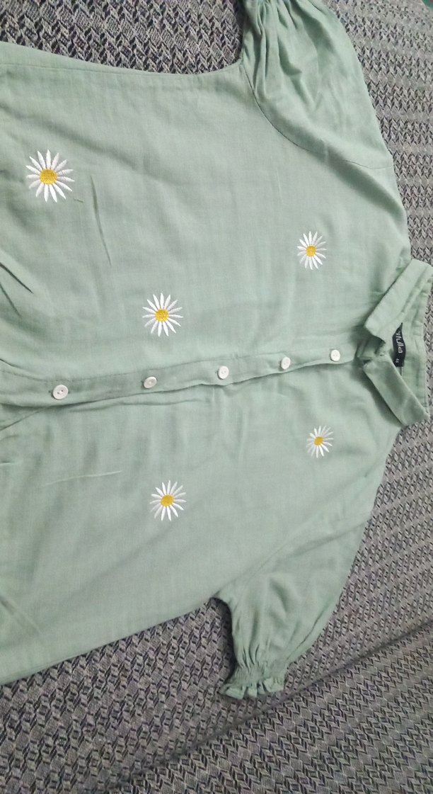 Nakışlı Düğmeli Yeşil kız çoçuk Krop  Gömlek - Görsel 2