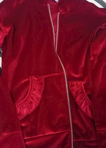 Kız çocuk Kırmızı Fermuarlı Şık Kadife  Eşofman Takımı - Görsel 2