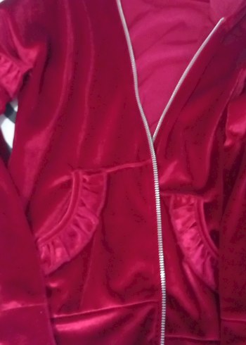 Kız çocuk Kırmızı Fermuarlı Şık Kadife  Eşofman Takımı - Görsel 7