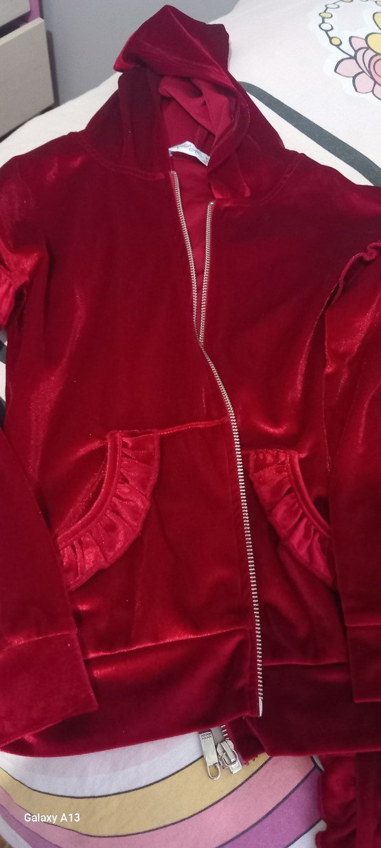 Kız çocuk Kırmızı Fermuarlı Şık Kadife  Eşofman Takımı - Görsel 2