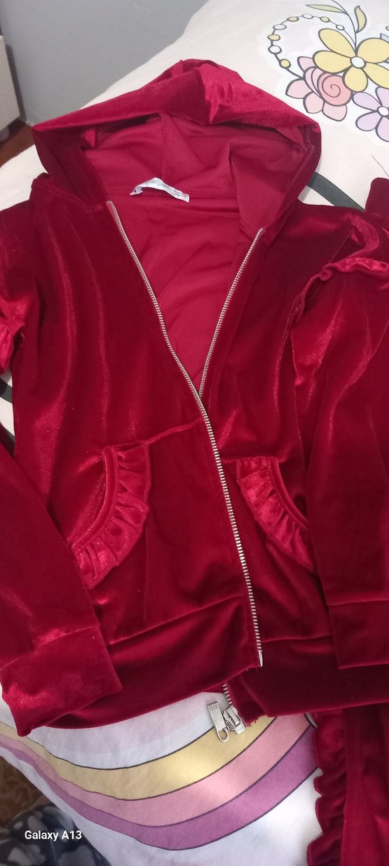 Kız çocuk Kırmızı Fermuarlı Şık Kadife  Eşofman Takımı - Görsel 3