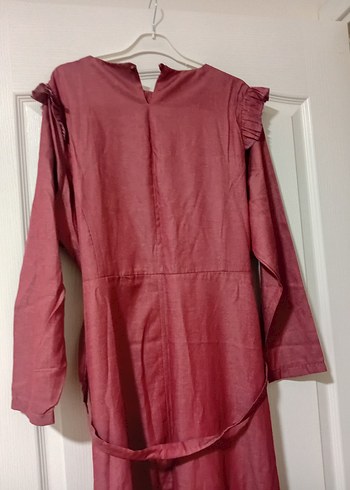 Bordo Uzun Kol Fırfırlı Keten Elbise - Görsel 4