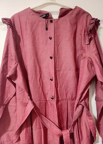 Bordo Uzun Kol Fırfırlı Keten Elbise - Görsel 2