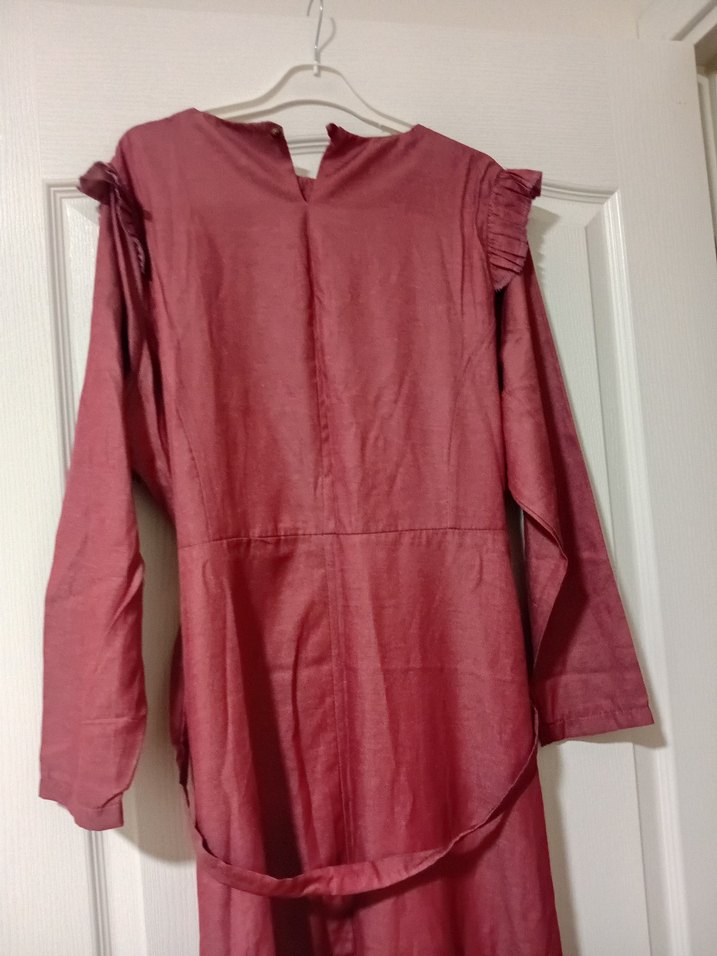 Bordo Uzun Kol Fırfırlı Keten Elbise - Görsel 4