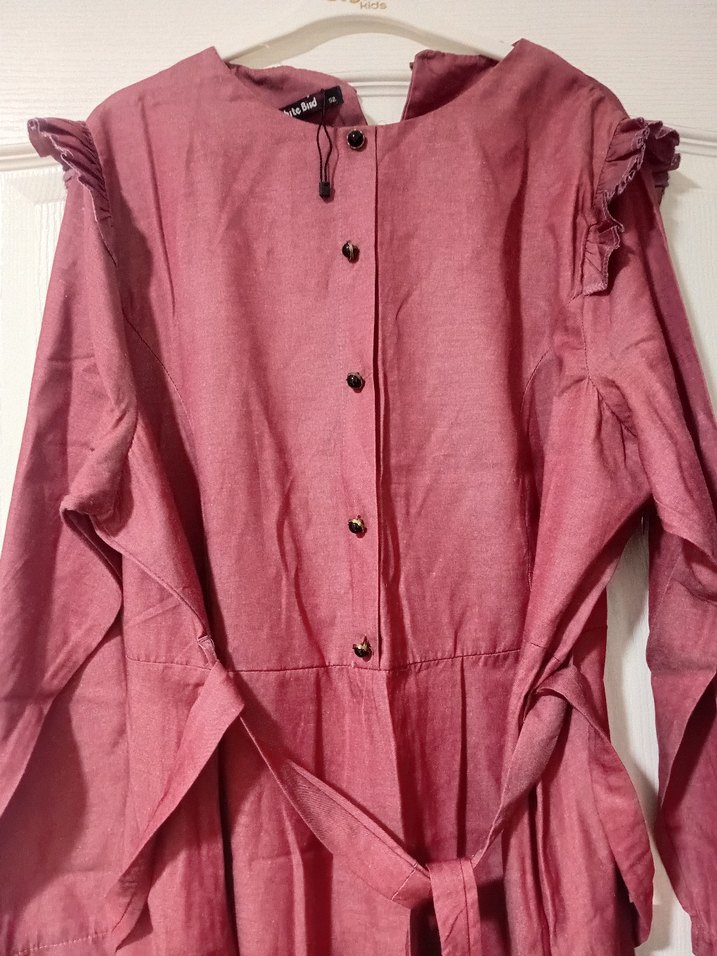 Bordo Uzun Kol Fırfırlı Keten Elbise - Görsel 2