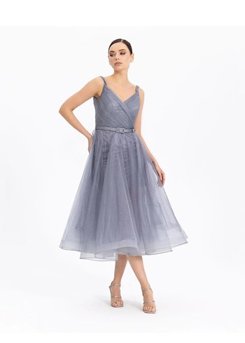 Gri Drapeli Midi Abiye Elbise - Görsel 6