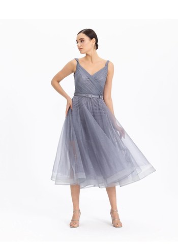 Gri Drapeli Midi Abiye Elbise - Görsel 5