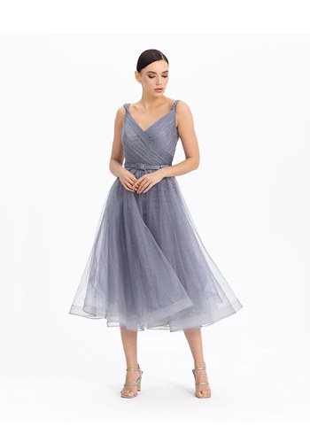 Gri Drapeli Midi Abiye Elbise - Görsel 4