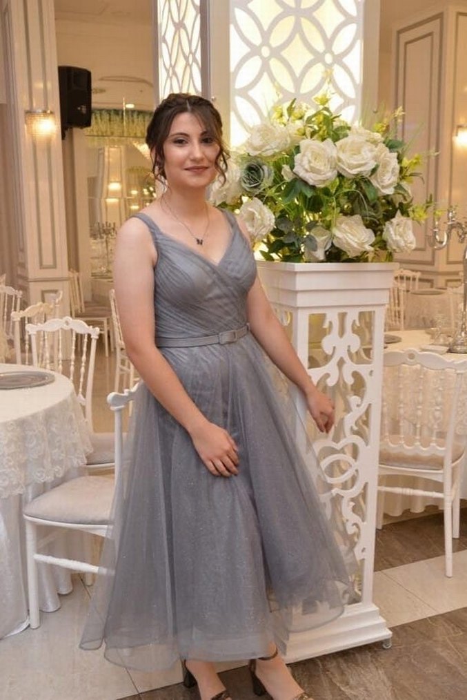 Gri Drapeli Midi Abiye Elbise - Görsel 2