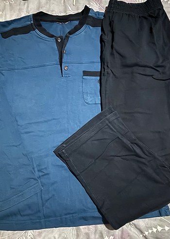 Erkek Mavi Uzun Kollu Düğmeli Pijama takımı - Görsel 4