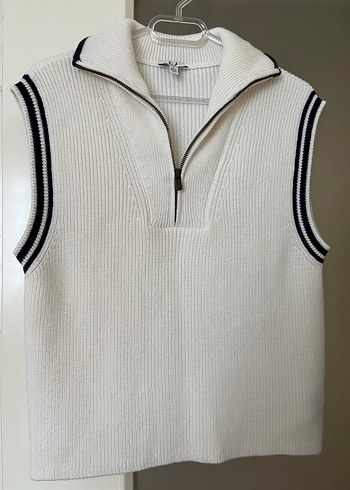 Kadın Beyaz Yarım Fermuarlı Kolsuz Triko Süveter - Görsel 2