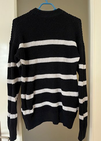 Siyah Beyaz Çizgili Örgü Kadın Kazak - Görsel 5