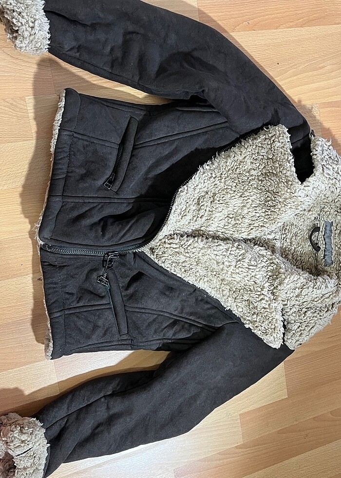 kahverengi kısa kaban yunlu içi çok sıcak tutar fermuarlı - Görsel 2