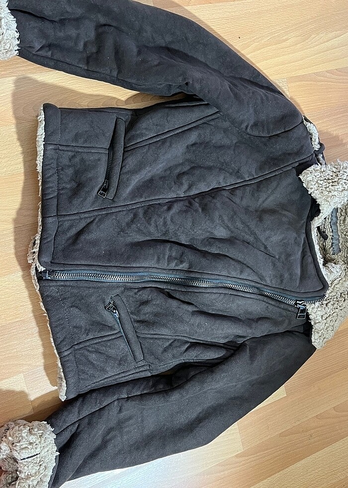 kahverengi kısa kaban yunlu içi çok sıcak tutar fermuarlı - Görsel 3